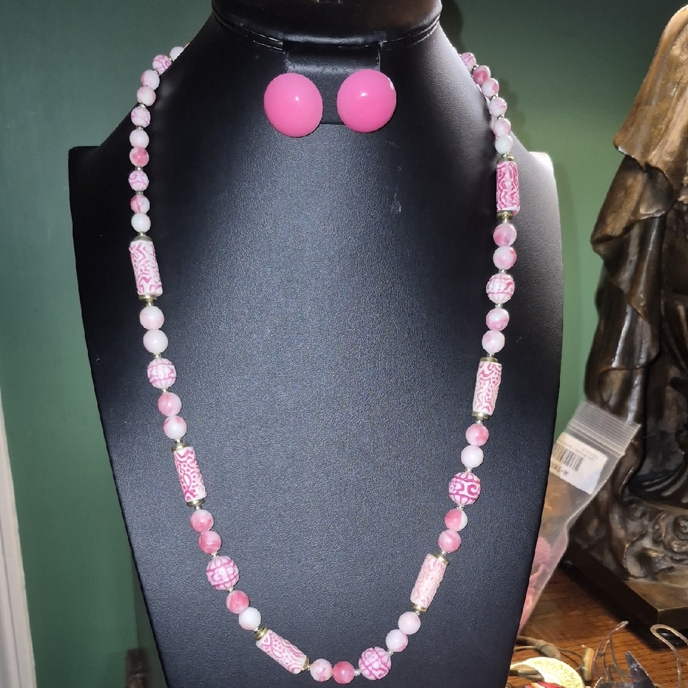Vintage Pink Beaded Necklace and Clip On Earring Set